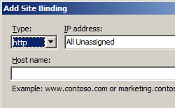 Screenshot of the Add Site Binding dialog box.