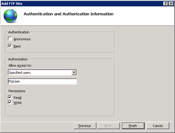 Screenshot of the Add F T P Site window displaying the Authentication and Authorization Information page.