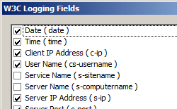 Screenshot of the W 3 C Logging Fields dialog box, showing multiple fields to select.
