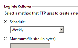 Screenshot of the Log File Rollover section, showing the Schedule and Maximum file size options.
