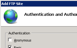 Screenshot of Authentication and Authorization Settings in Add F T P Site Wizard showing Basic option selected for Authentication.