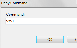 Screenshot of Deny Command dialog box with S Y S T command populating the Command field.