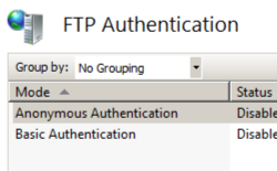 Screenshot that shows the F T P Authentication pane. Anonymous Authentication is listed and disabled.