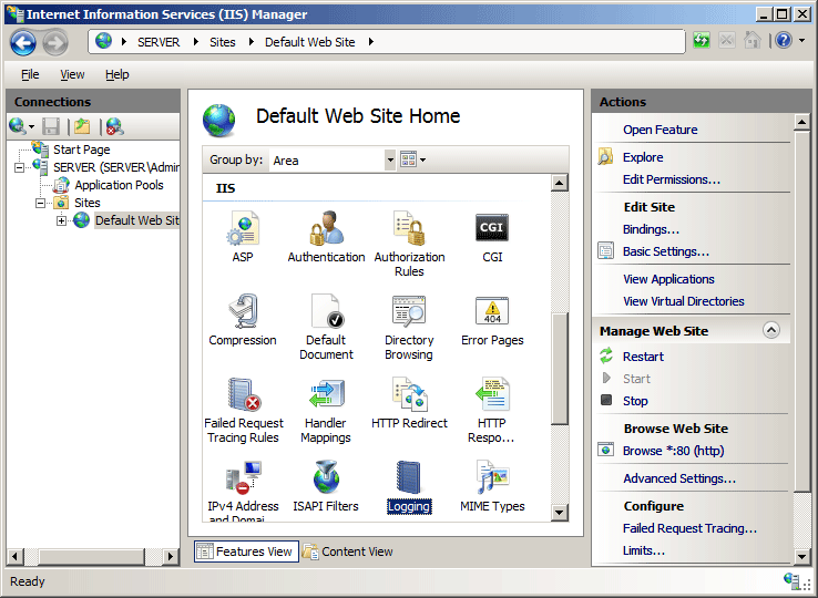 Screenshot of the Default Web Site Home page. The icon for Logging is highlighted.