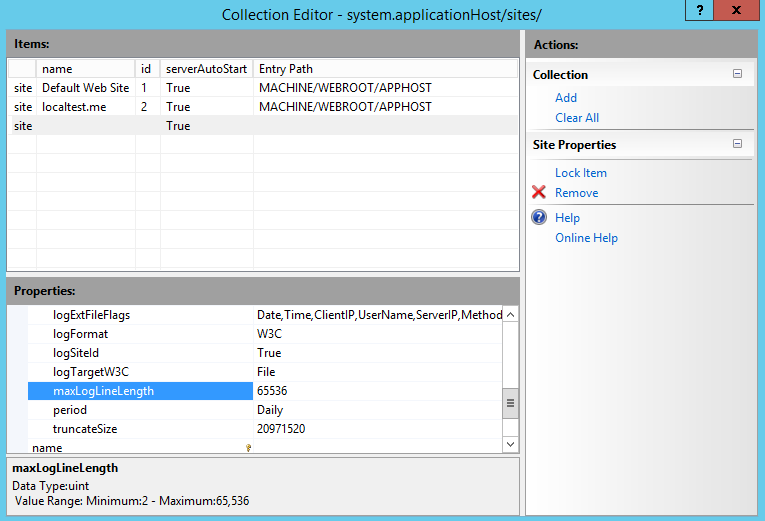 Screenshot of the Collection Editor window. Max Log Line Length is highlighted in the Properties field.