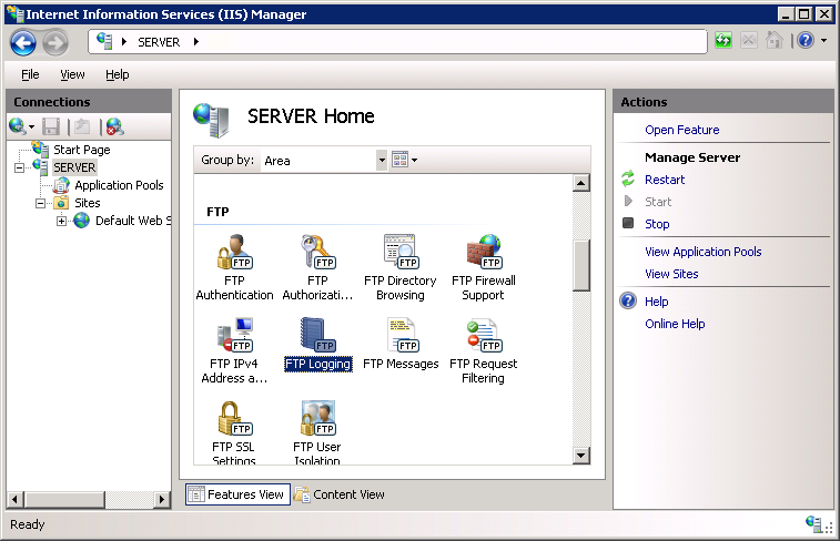 Screenshot of the Server Home page in I I S Manager. The icon for F T P Logging is highlighted.