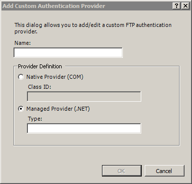 Screenshot of the Add Custom Authentication Provider dialog, showing the Managed Provider dot NET option being selected.
