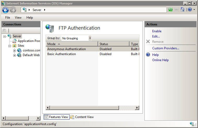 Screenshot of the F T P Authentication page showing the Custom Providers option in the Actions pane.