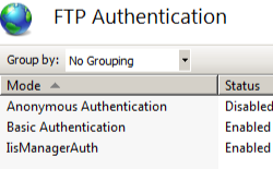 Screenshot shows the F T P authentication page with I i s Manager Auth status Enabled.