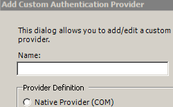 Screenshot shows the Add Custom Authentication Provider dialog box with the Name field.