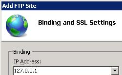 Screenshot that shows the Add FTP Site. Binding and SSL Settings is shown.