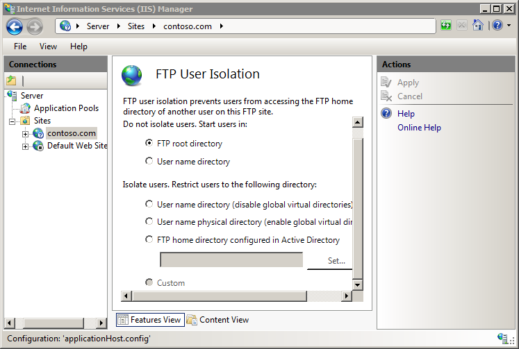 Screenshot of the I I S Manager window showing the F T P User Isolation window.