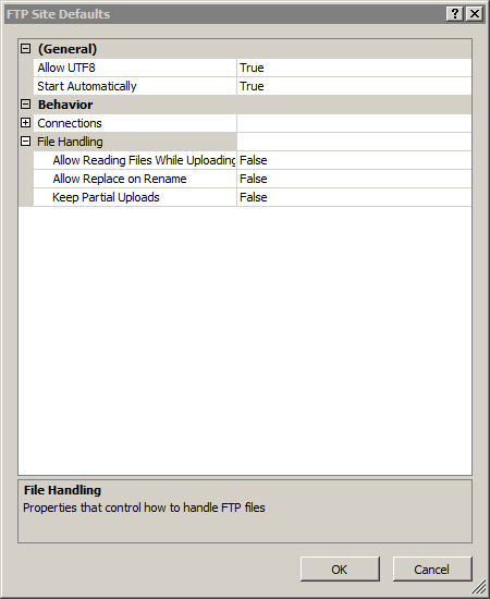 Screenshot of the F T P Site Defaults dialog box with the File Handling option expanded.