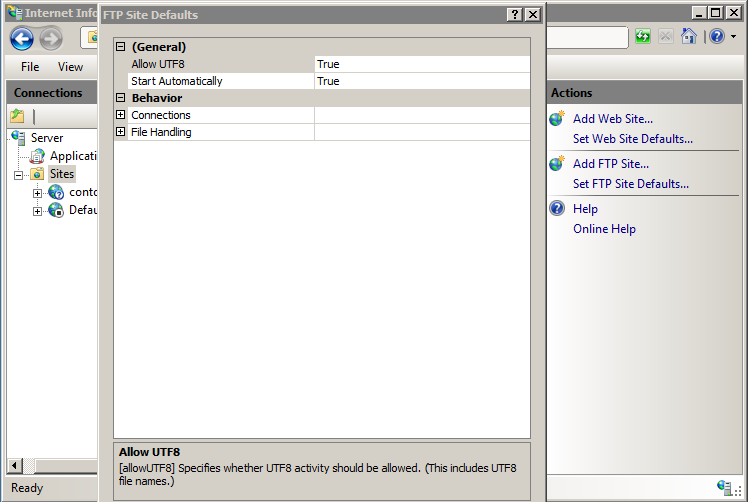Screenshot of the F T P Site Defaults dialog box.