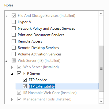Screenshot of F T P Service and F T P Extensibility selected in a Windows Server 2012 interface.