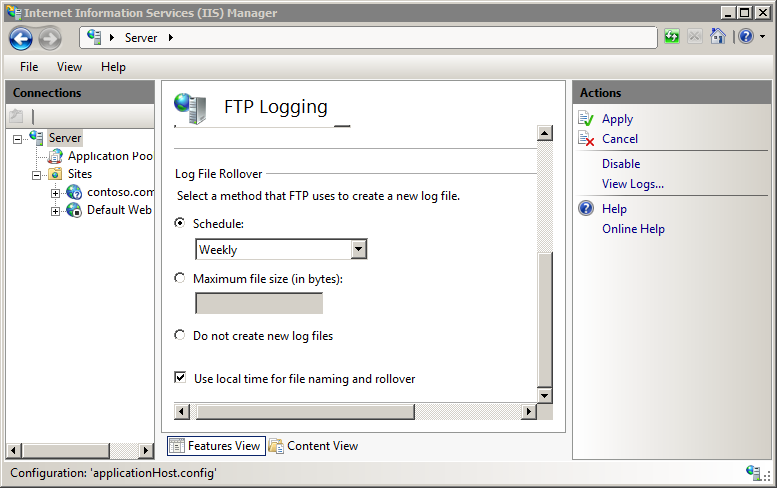 Screenshot of the F T P Logging page within I I S Manager.