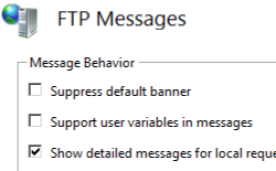 Screenshot of F T P Messages page displaying Message Behavior section with Show detailed messages for local requests option selected.