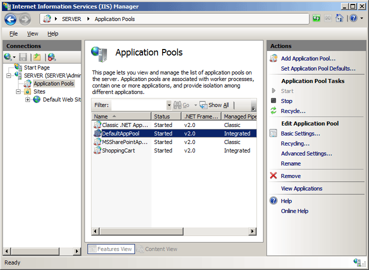 Screenshot of the Application Pools screen that populates from the Connections pane.