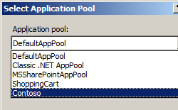 Screenshot of Select Application Pool dialog box showing Contoso selected from the application pool drop down box.