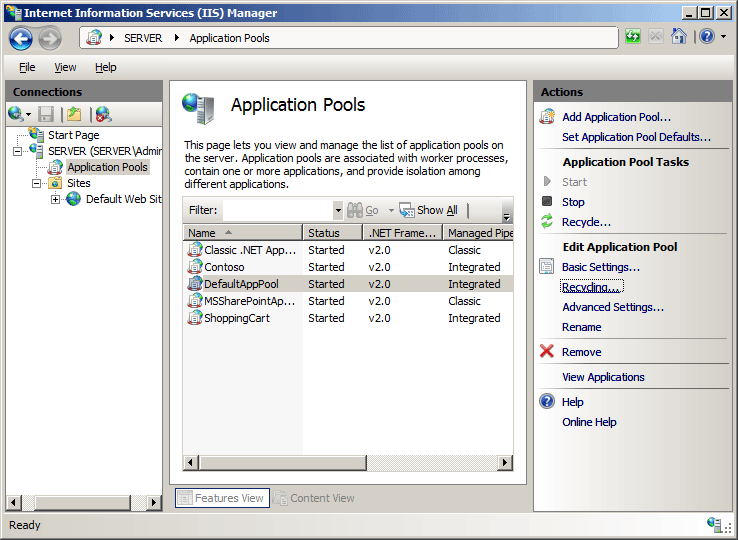 Screenshot of the Application Pools screen's Actions pane with a focus on the Recycling option.