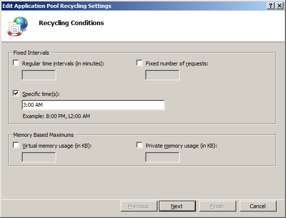 Screenshot of the Recycling Conditions page with the Specific times field selected.
