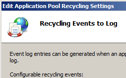 Image of Recycling Events to Log page in Edit Application Pool Recycling Settings Wizard.