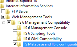 Image of Management Tools and I I S 6 Management Compatibility pane expanded with I I S Meta base and I I S 6 Configuration Compatibility selected.