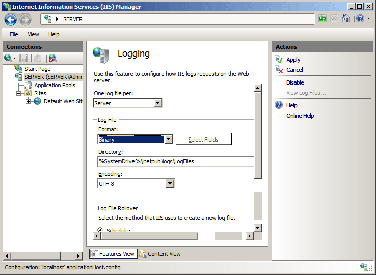 Screenshot of setting One log file per Server and Log File Format to Binary in the Logging pane.