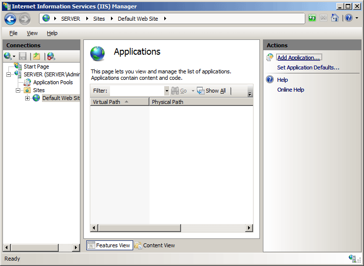 Screenshot of Applications pane in I I S Manager with Add Application highlighted in Actions pane.