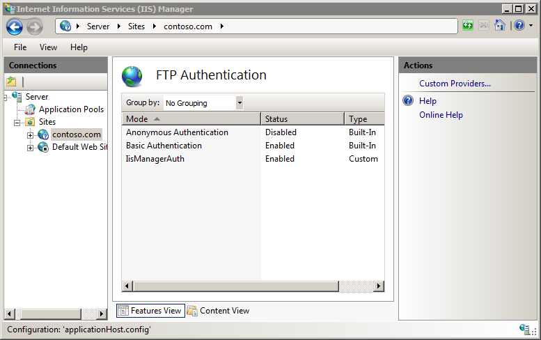 Screenshot of the F T P Authentication page showing the I I S Manager Authentication option being enabled.