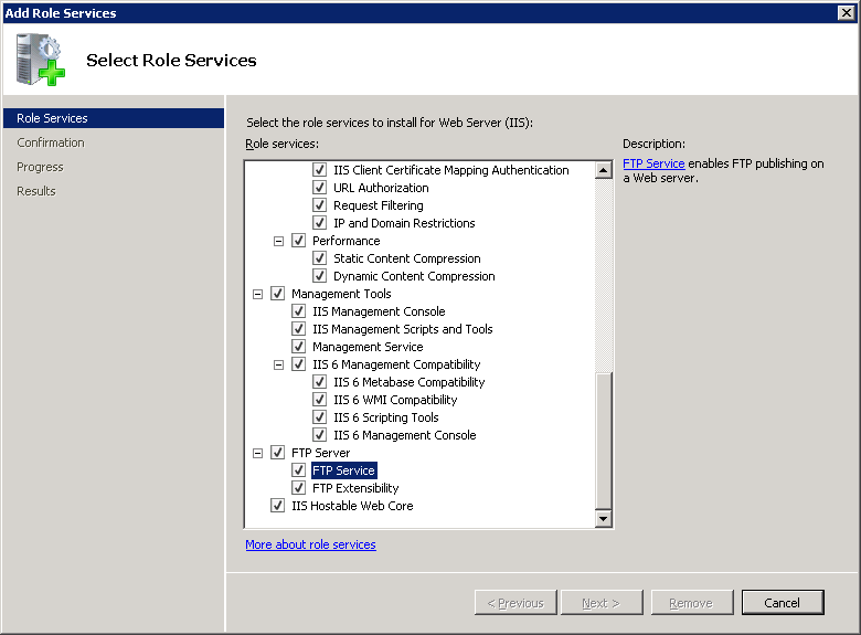 Screenshot of the Select Role Services page showing the F T P Service option being highlighted and selected.