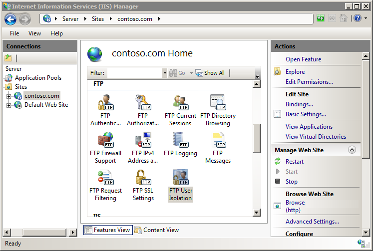 Screenshot of the I I S Manager window. The F T P User Isolation icon is highlighted.
