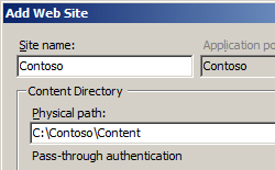 Screenshot that shows the Add Web Site dialog box. Contoso is entered in the Site name text box.
