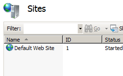 Screenshot that shows the Sites pane, with Default Web Site listed.