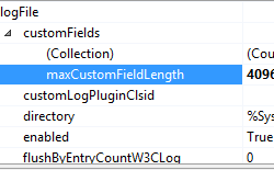 Screenshot of log File pane with Custom Fields node expanded and max Custom Field Length selected.