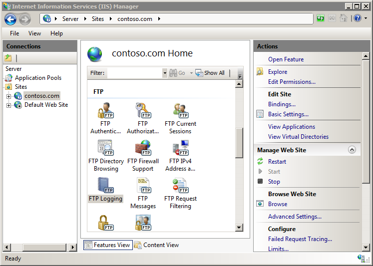 Screenshot of the I I S Manager Home pane. The F T P Logging feature is highlighted.