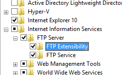 Screenshot of Turn Windows Features on or off page with F T P Server pane expanded and F T P Extensibility highlighted.