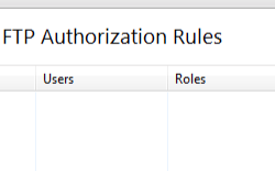 Screenshot of the Home pane showing the F T P Authorization Rules screen with a focus on the Users and Roles columns.
