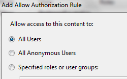 Screenshot of the Add Allow Authorization Rule screen with the Allow access to this content to All Users option being selected.