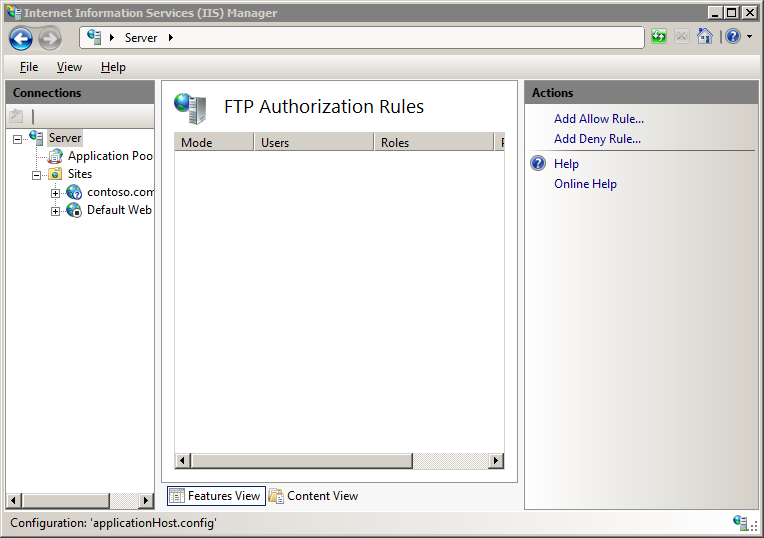 Screenshot of an empty F T P Authorization Rules pane.