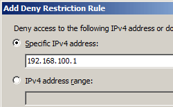 Screenshot of the Add Deny Restriction Rule screen with a focus on the Specific I P v 4 address field.
