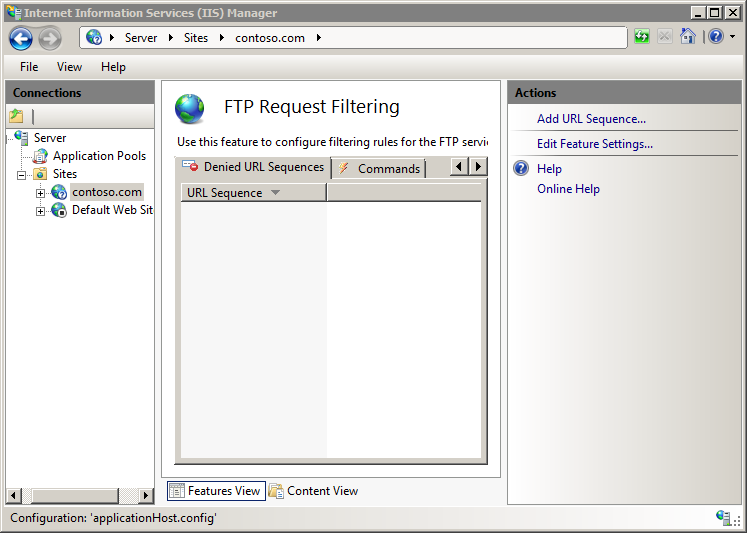 Screenshot of the I I S Manager window displaying the F T P Request Filtering pane.