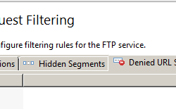 Screenshot of the F T P Request Filtering pane. The Denied U R L Sequences tab is selected.