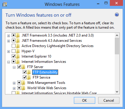 Screenshot of the Windows 8 or 8.1 Features screen. FTP Extensibility is highlighted.