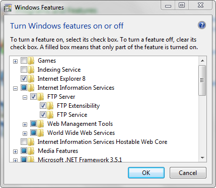 Screenshot of the Windows 7 Features window. Options are checked under Internet Information Services.