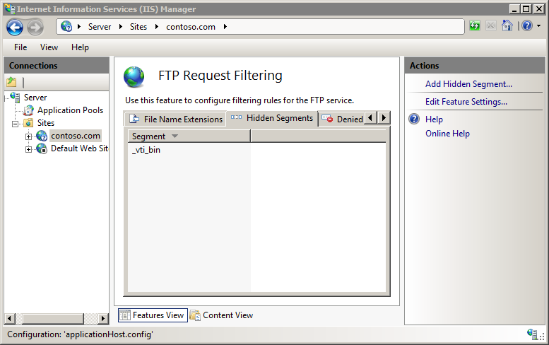 Screenshot of the I I S Manager window. F T P Request Filtering displays in the main pane.