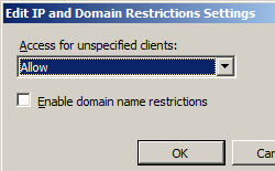 Screenshot of the Edit I P and Domain Restrictions Settings screen with a focus on the O K option.