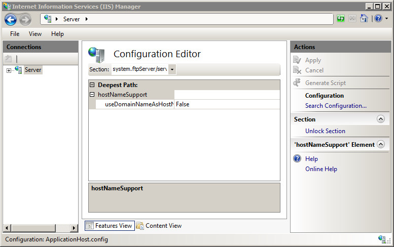 Screenshot of Section drop down menu in Configuration Editor feature displaying host Name Support pane expanded in the list view.