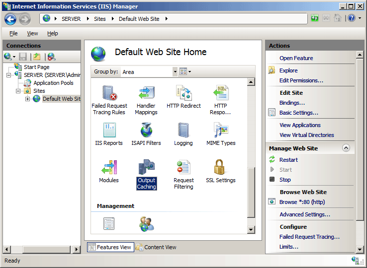 Screenshot of the I I S Manager window. Output Caching is selected in the main pane.