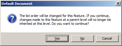 Screenshot of the Default Document alert box with a focus on the Yes option.